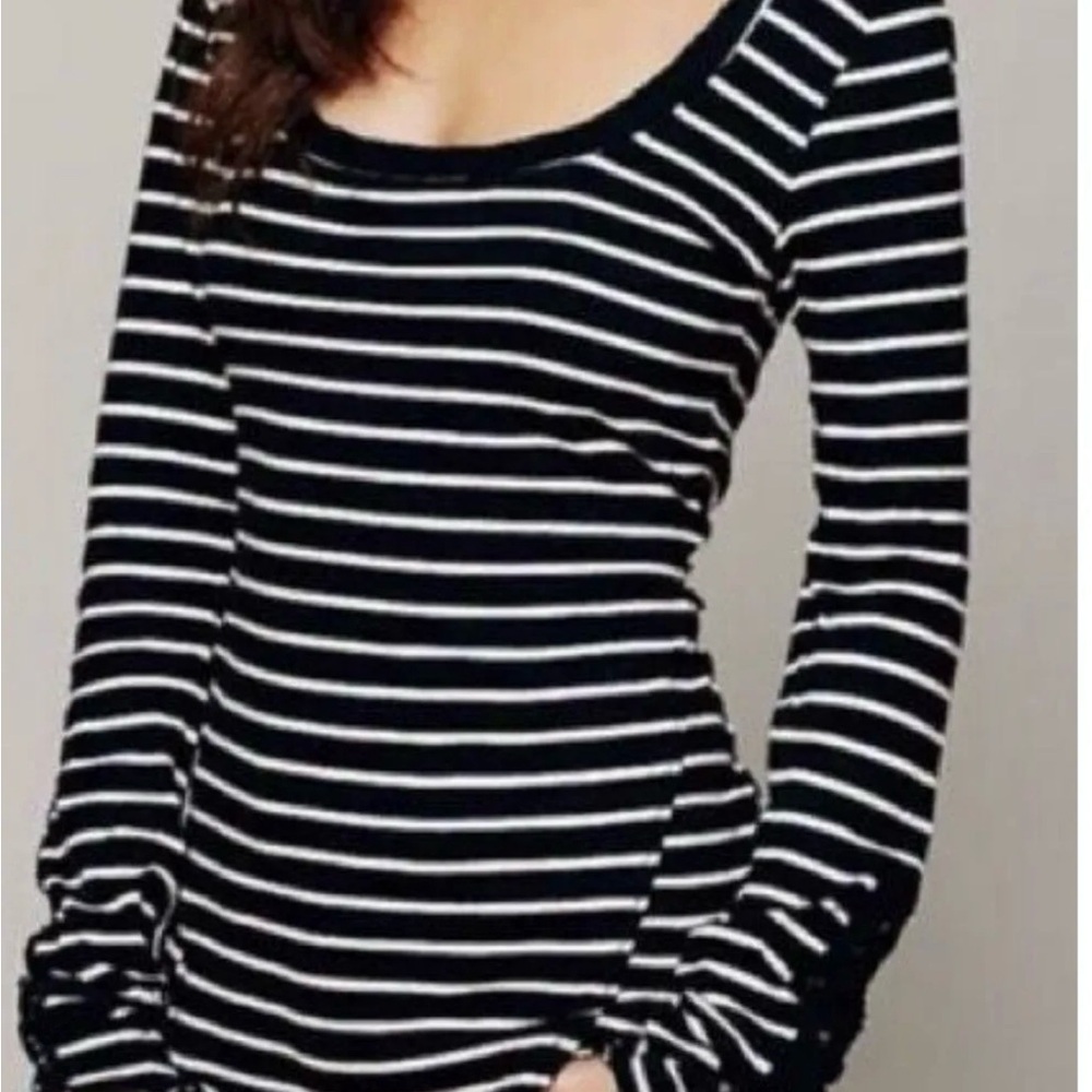 Free People Shirt Womens medium Black White Stripe Crochet cuff Exposed Seams